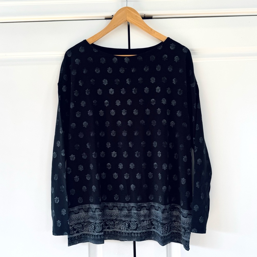 J. Jill Perfect Pima Top Long Sleeve Tee Shirt Black Block Stamped Print Size M